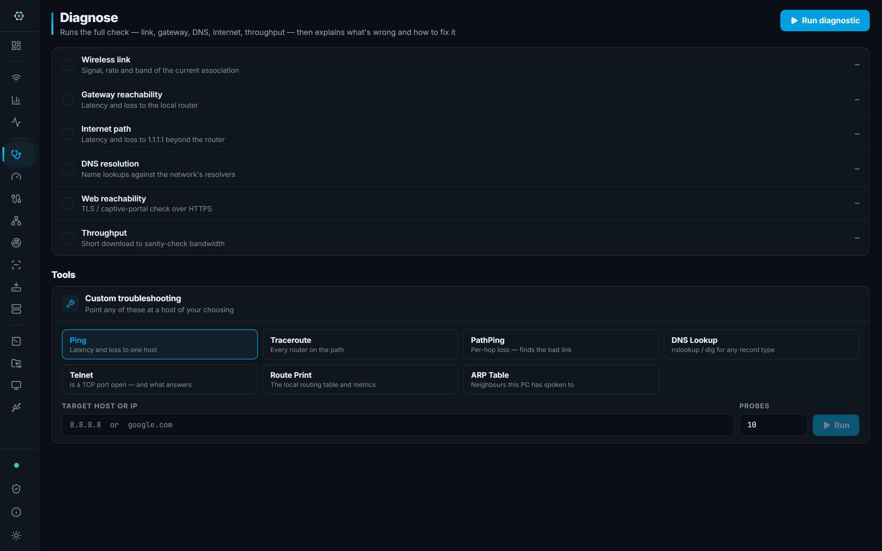 Diagnose: Gateway, DNS and internet checked in one pass, with the numbers kept.