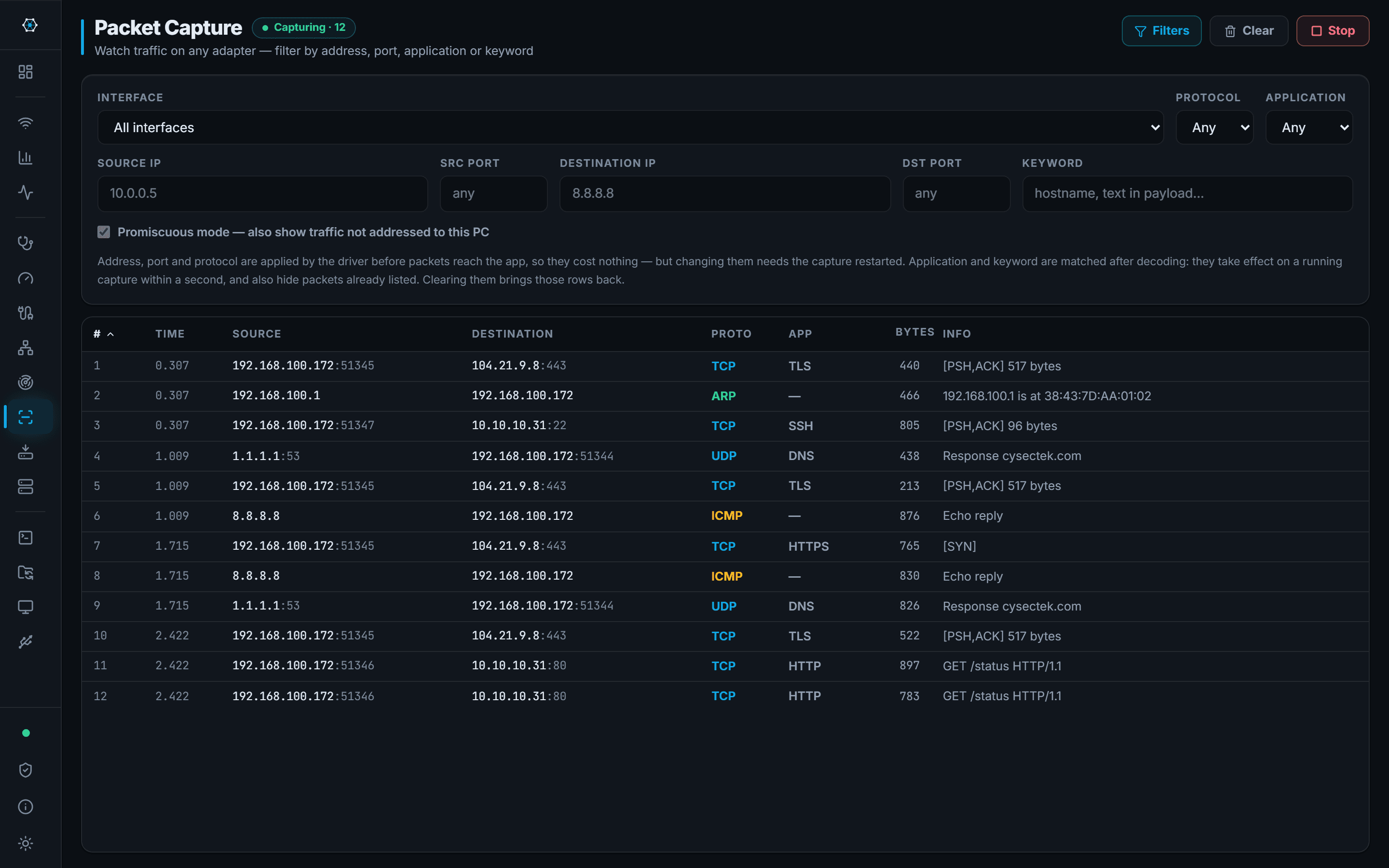 Packet Capture: Live capture on one adapter or all of them, with filters you can change mid-run.