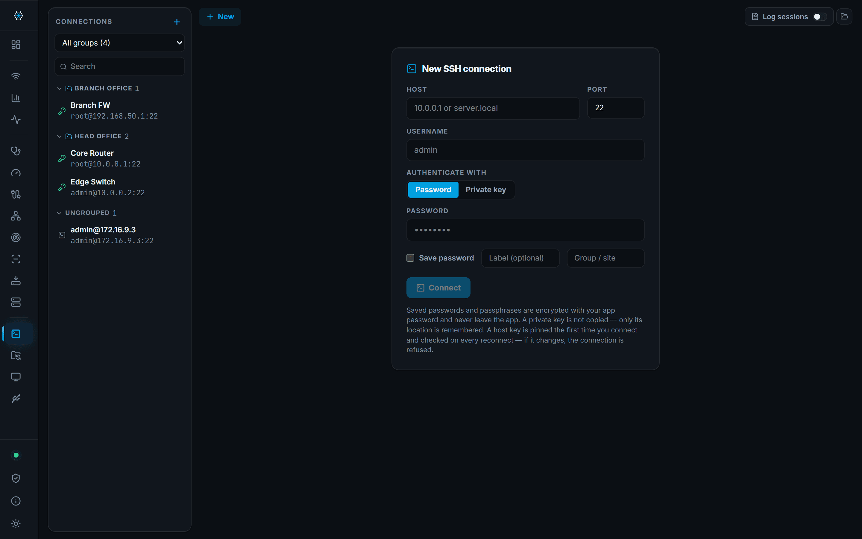 Remote Desktop: RDP sessions launched from the same saved connection list.